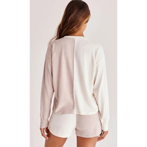 Z Supply Sweatshirt Esme Color Block Long Sleeve Top Bone Taupe Brushed Jersey M - Picture 2 of 6